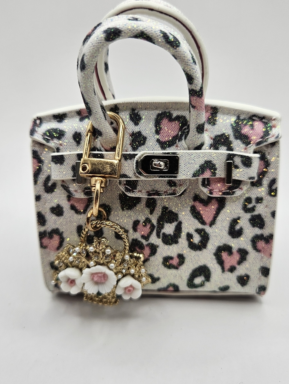 Pink Leopard Glitter Mini Bag Witj Keychain Charm